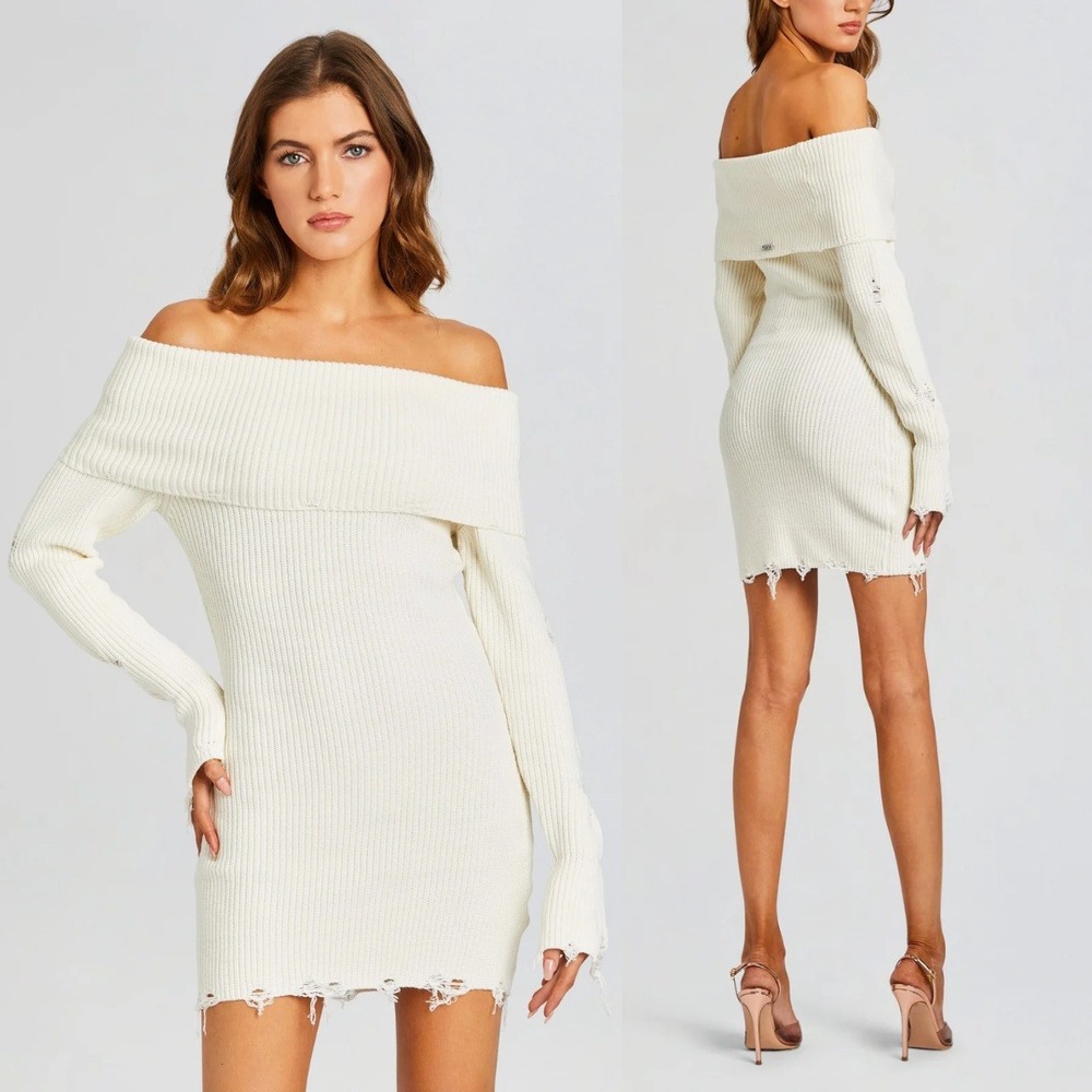 Ser.o.ya | Everleigh‎ Distressed Knit Off-Shoulder Mini Dress in Winter White